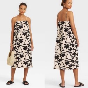 A New Day Linen Blend Floral Dress Women's XS Cream Black Beach Vacation Retro